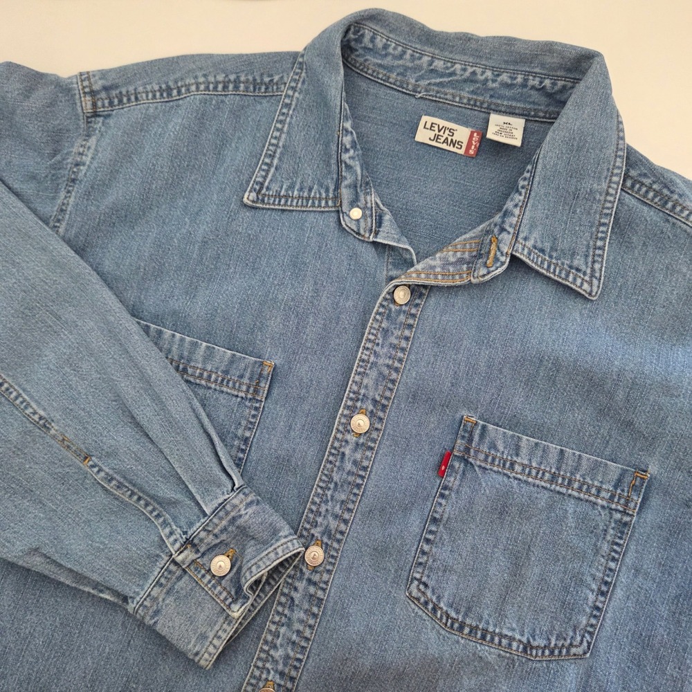 Levis Denim Button Down Shirt Light Wash Blue Cotton Workwear Mens XL